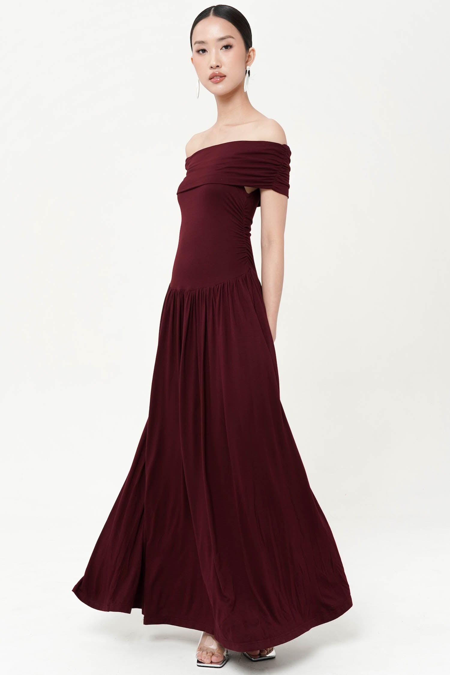 Belinda Off shoulder Maxi Dress In Dark Maroon