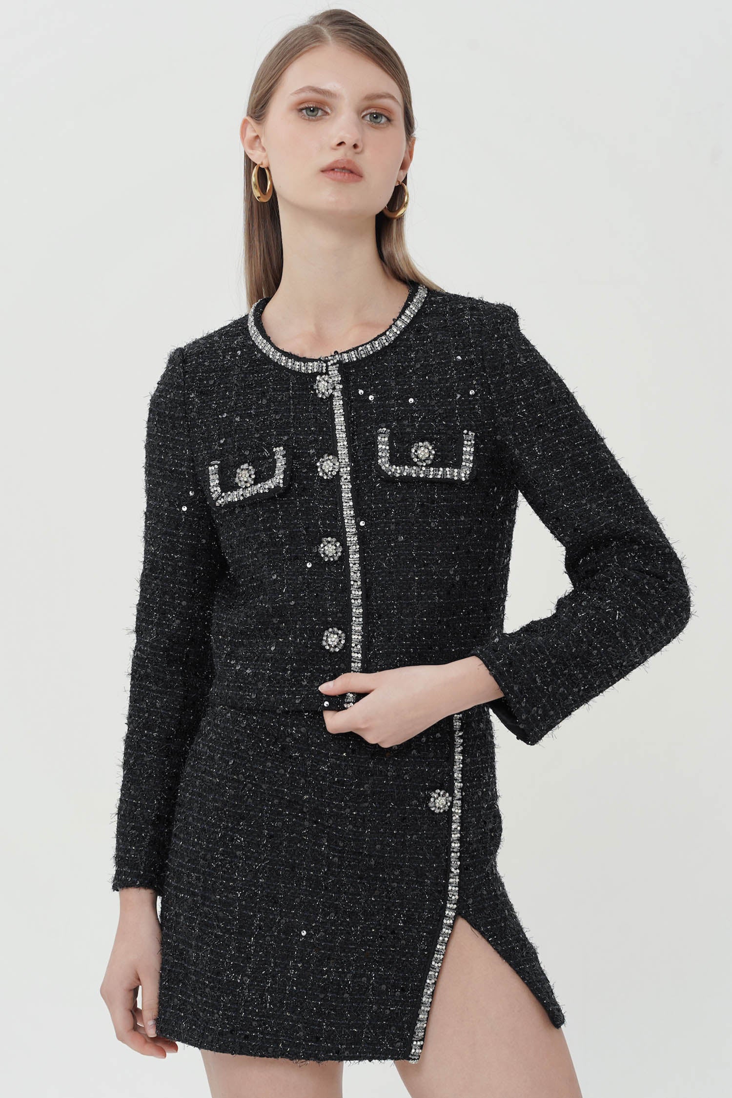 Cyra Embellished Tweed Blazer In Black