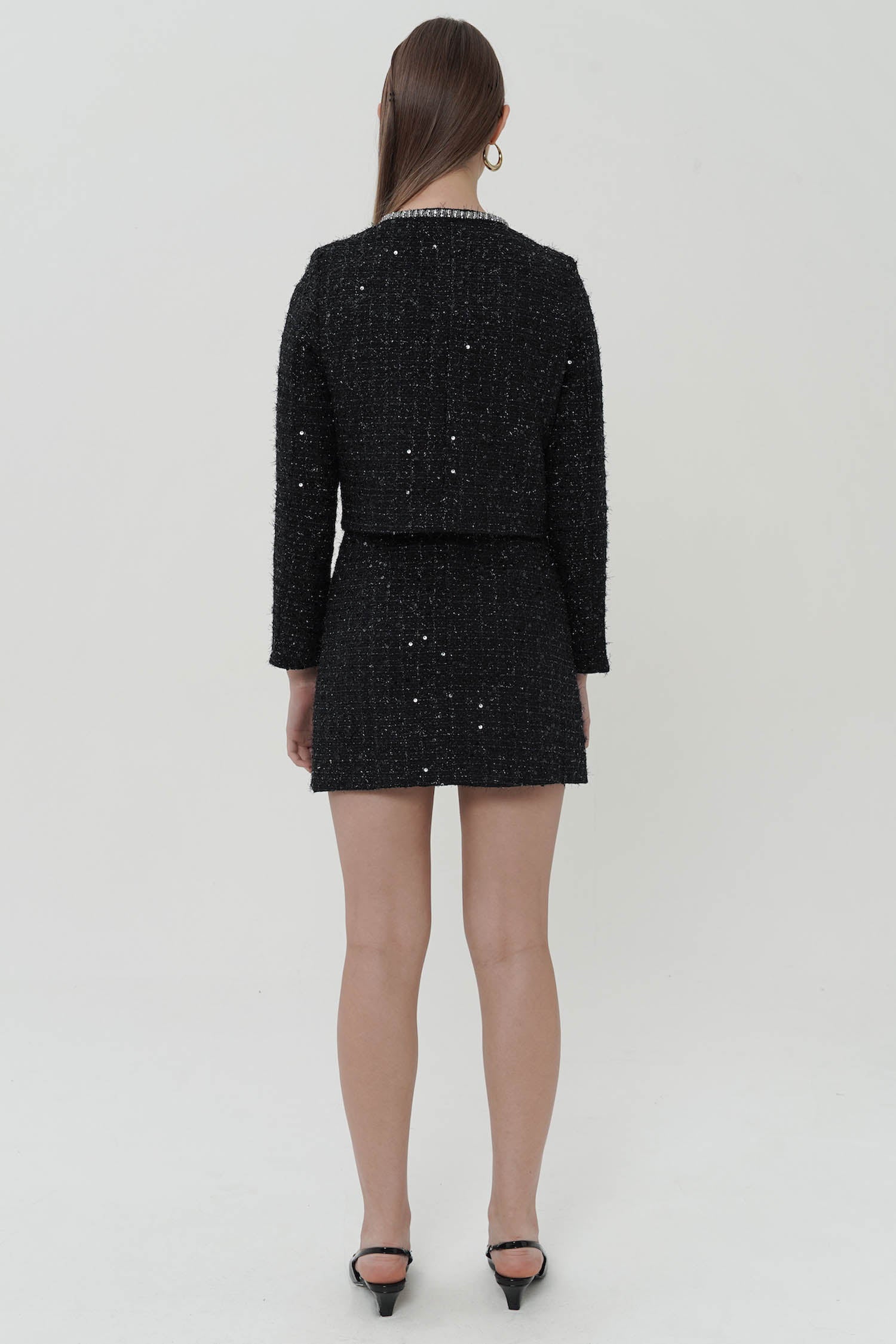 Cyra Embellished Tweed Blazer In Black