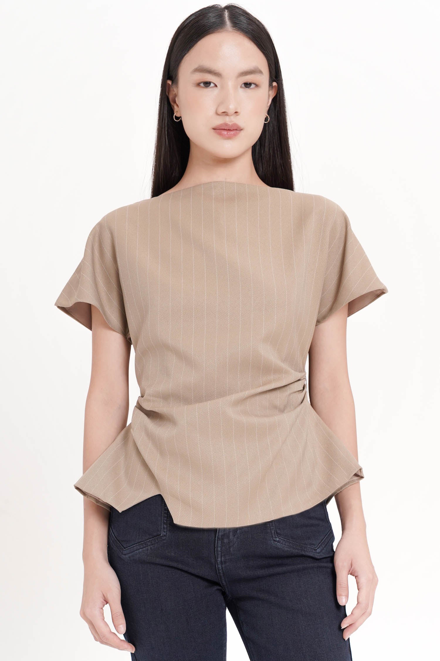 Sennan Cinched Top In Khaki Stripes