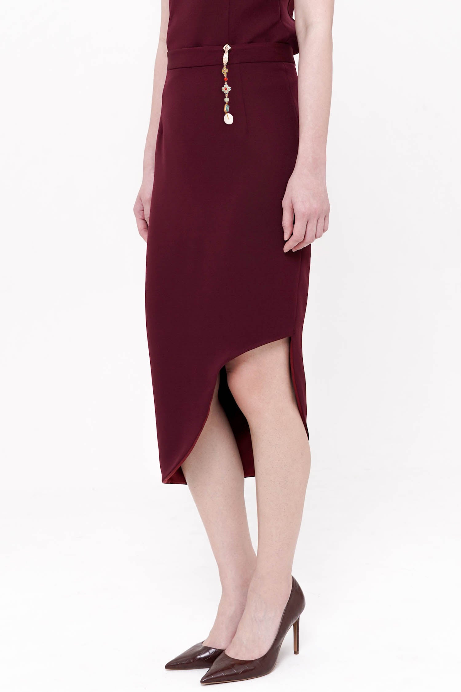 Ruyi Midi Scallop Skirt In Maroon