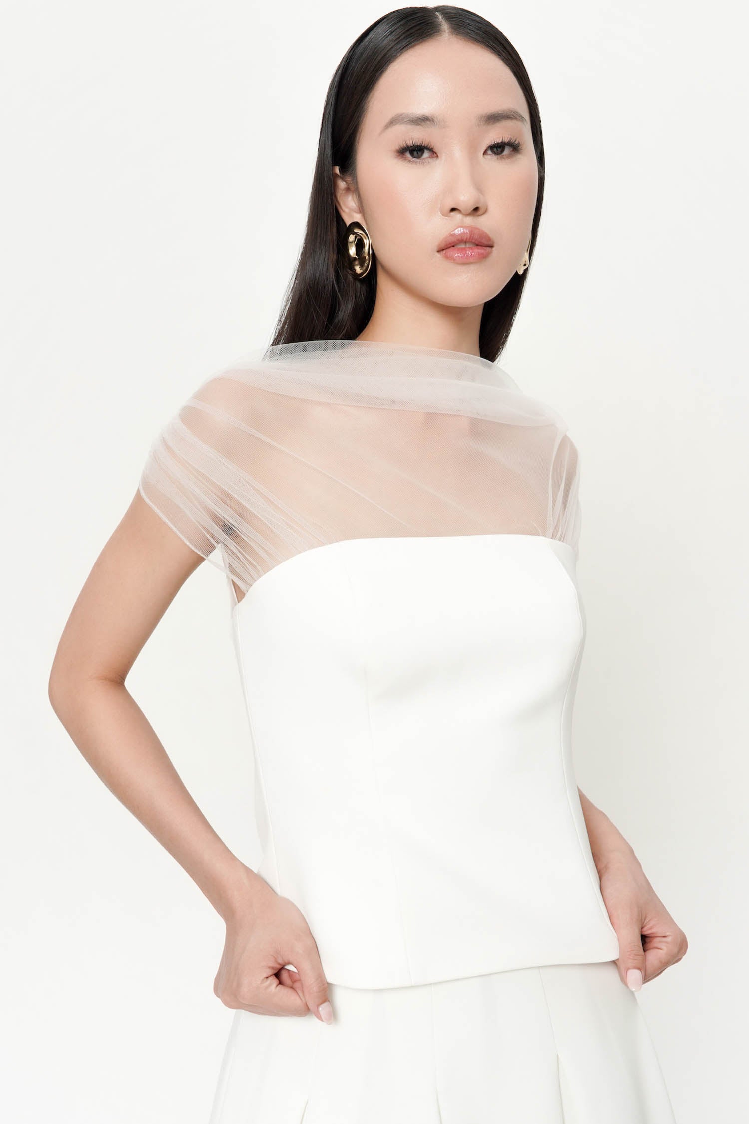 Amelle Mix Tulle Top In Broken White
