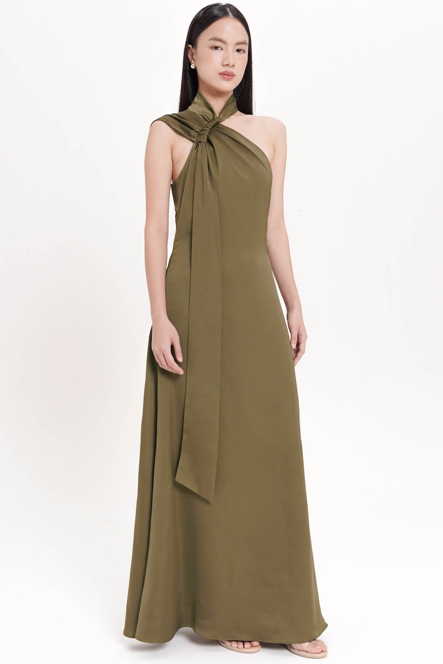 Hartley One Shoulder Maxi Dress In Olive