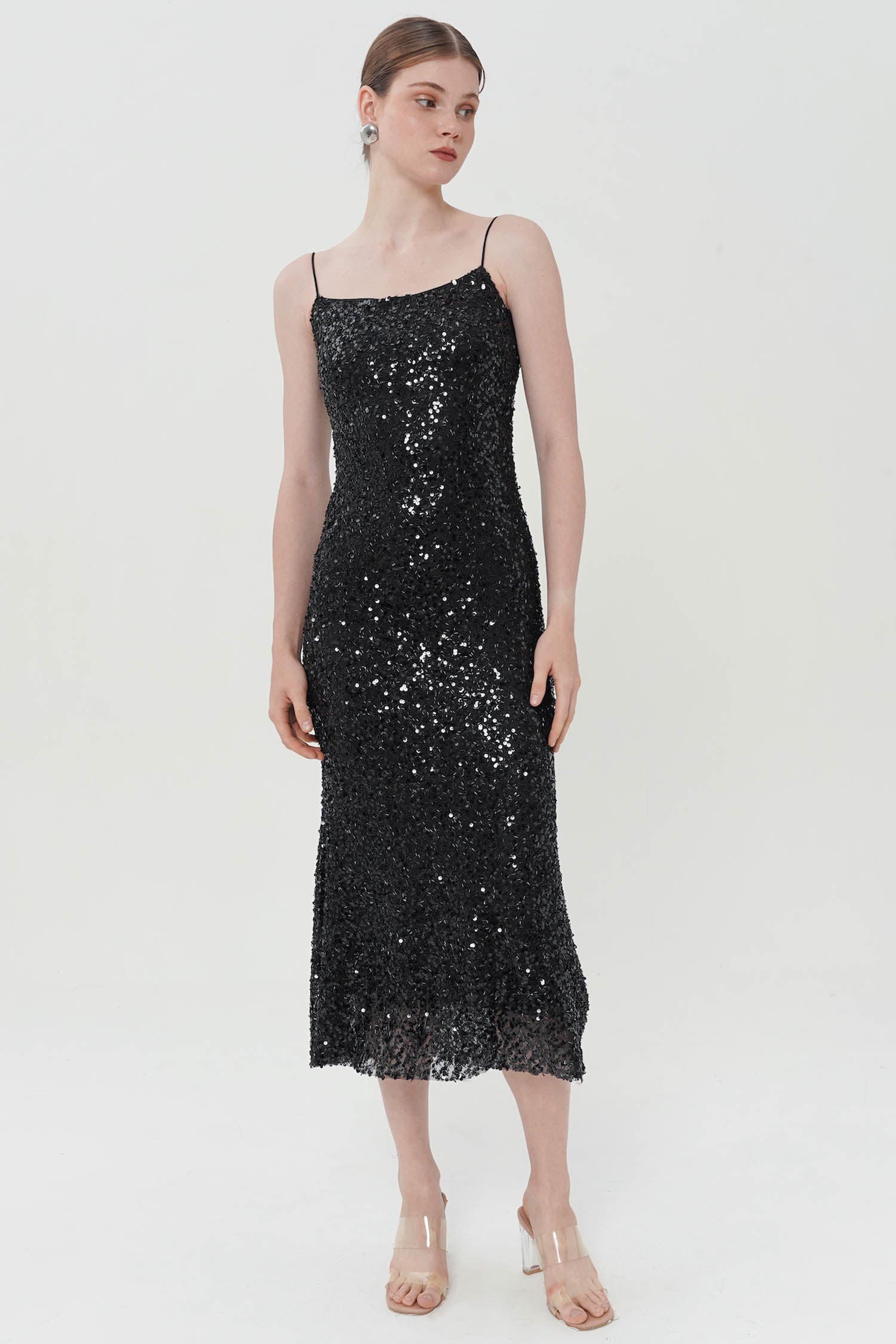 Ivelle Sequined Midi Dress In Black