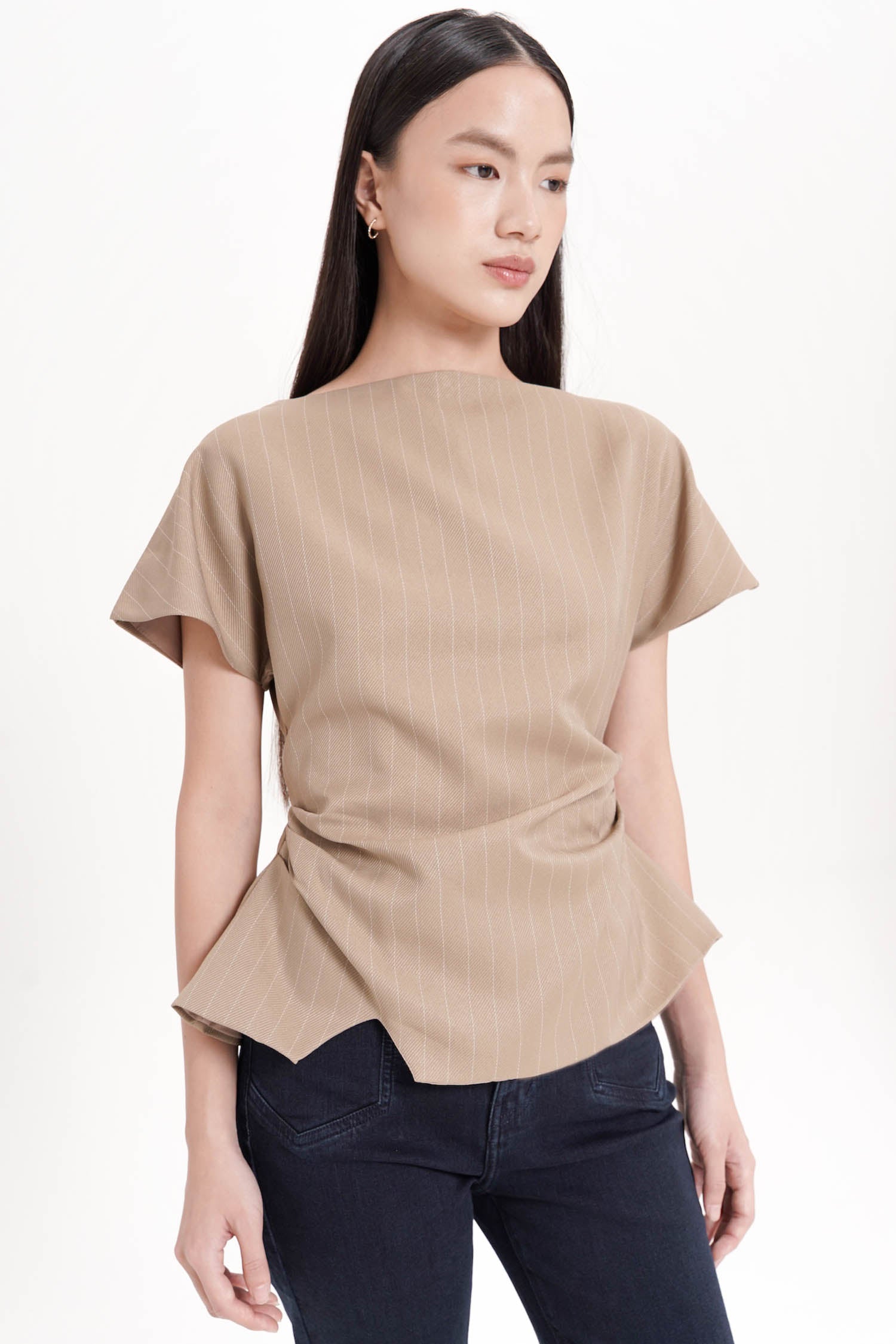 Sennan Cinched Top In Khaki Stripes