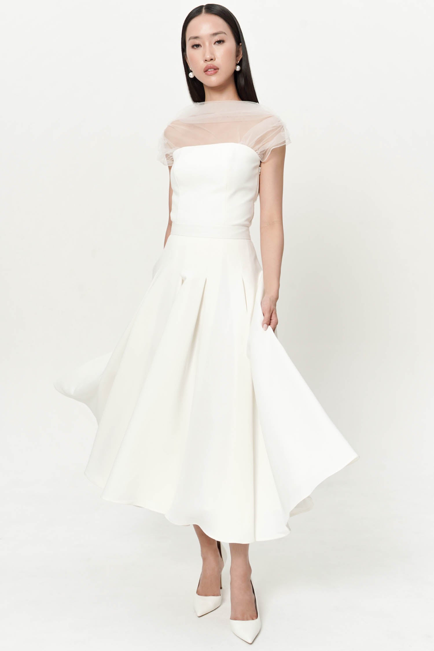 【I AM MARI】Joy Banding Flare Long Skirt Kenly Midi Skirt In Broken White