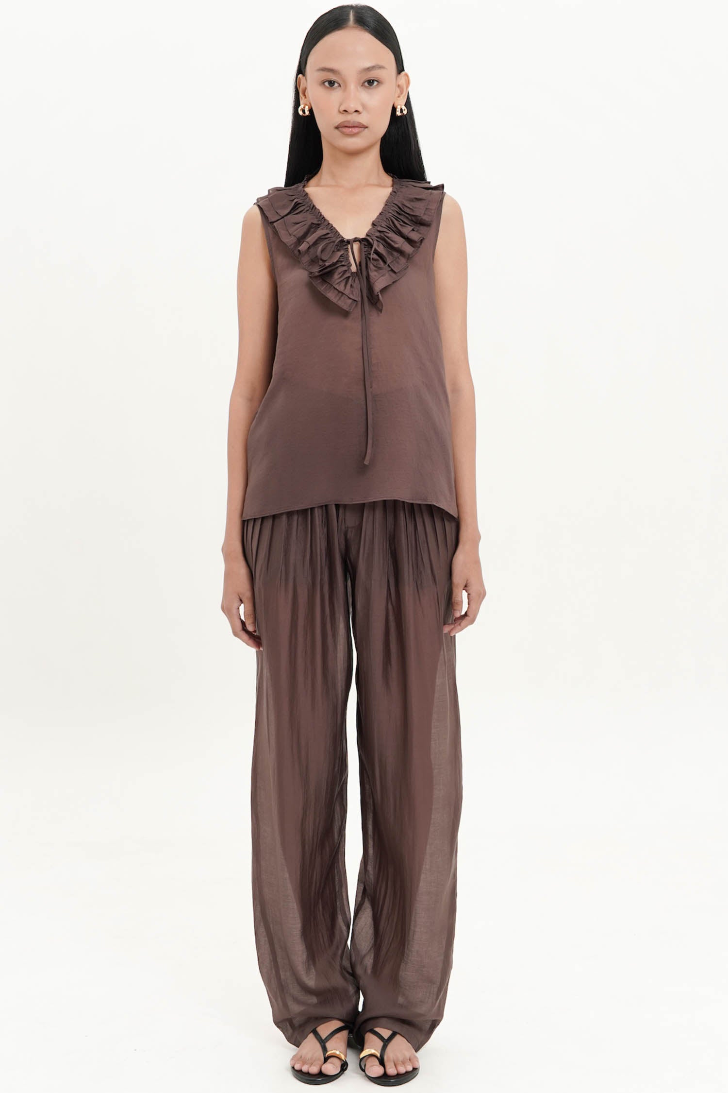 Mabelle Pleated Sheer Trousers In Espresso