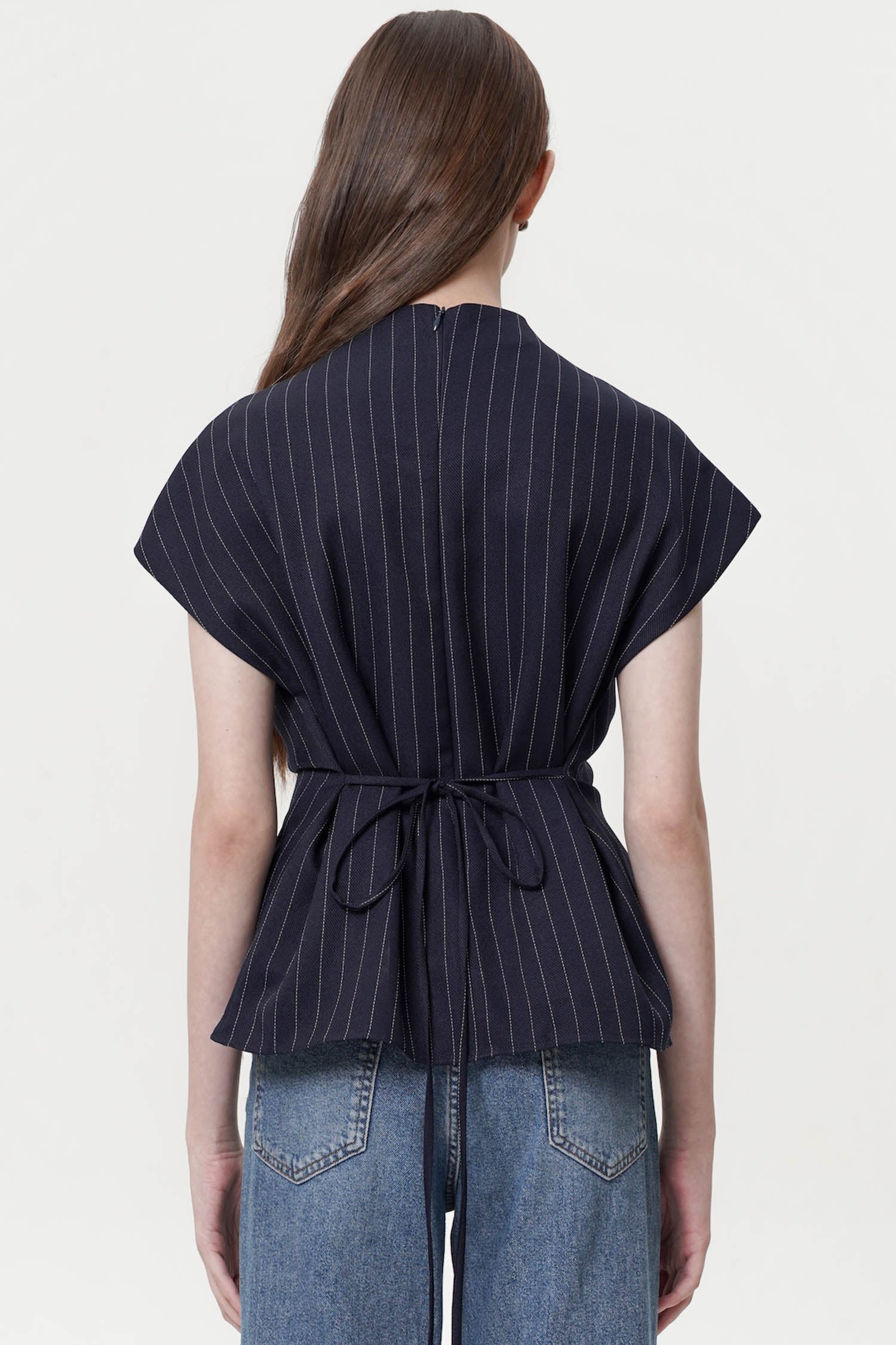 Aurena Drape Top In Navy Stripes