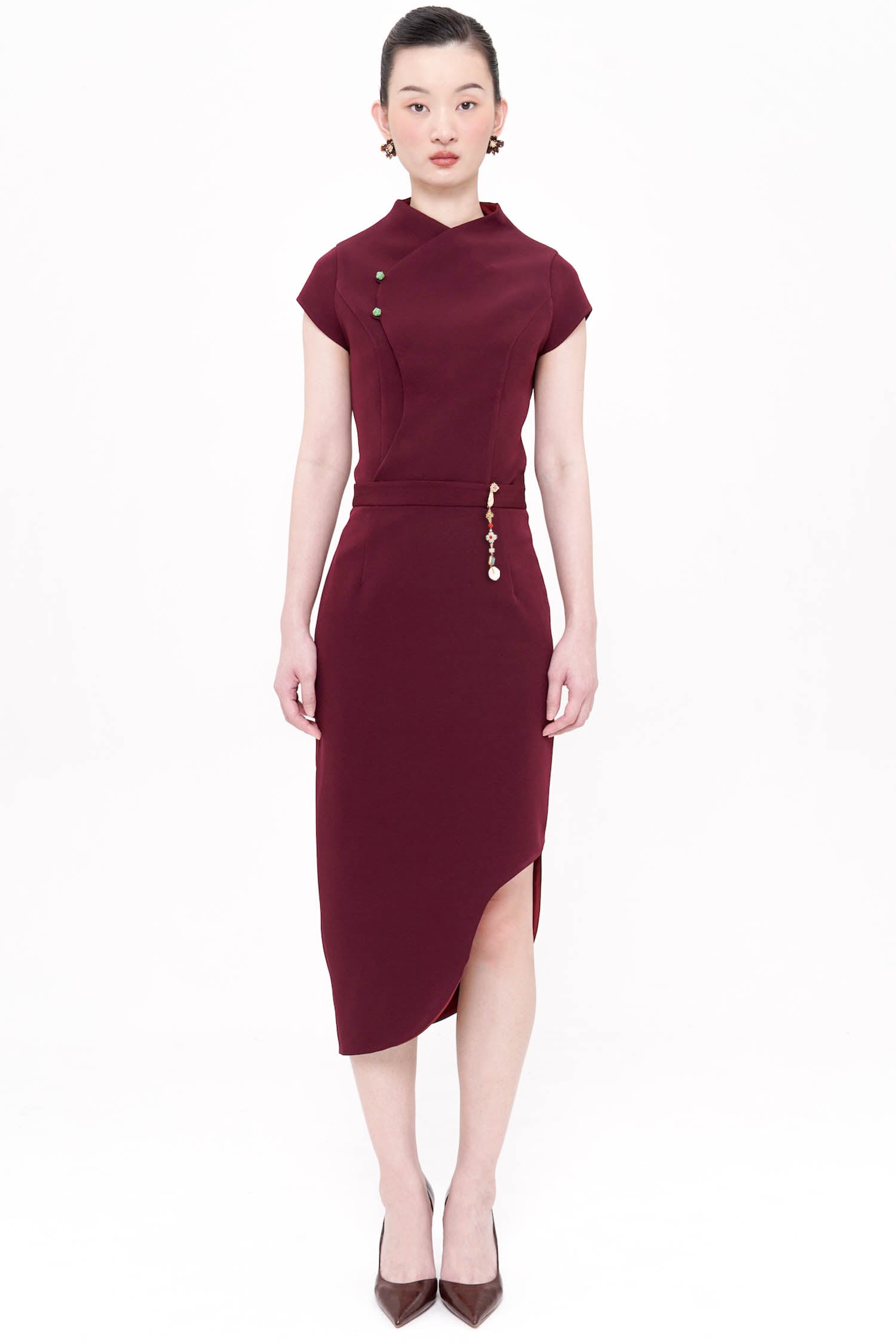 Ruyi Midi Scallop Skirt In Maroon