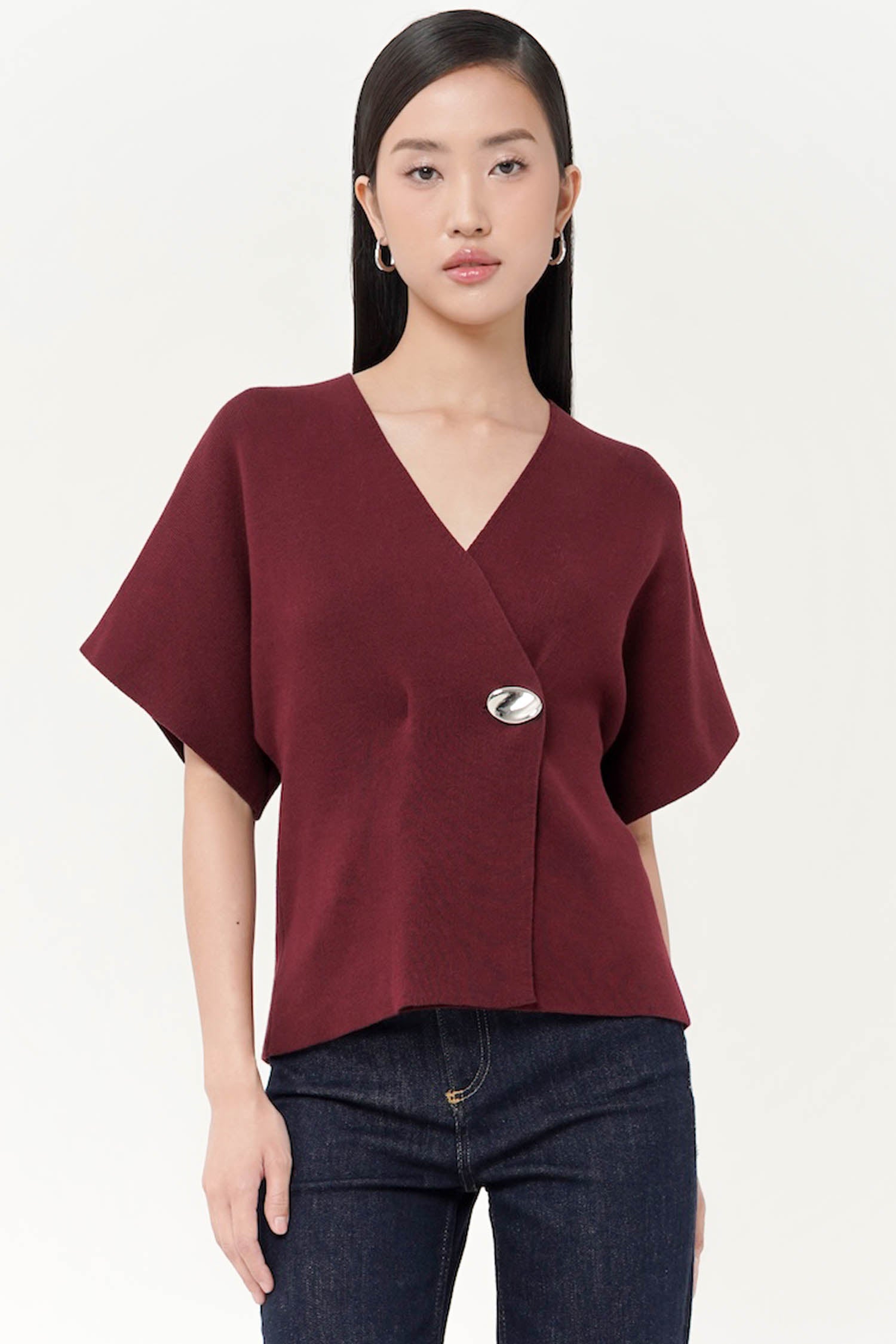 Palomo Wrap Knit Top In Maroon