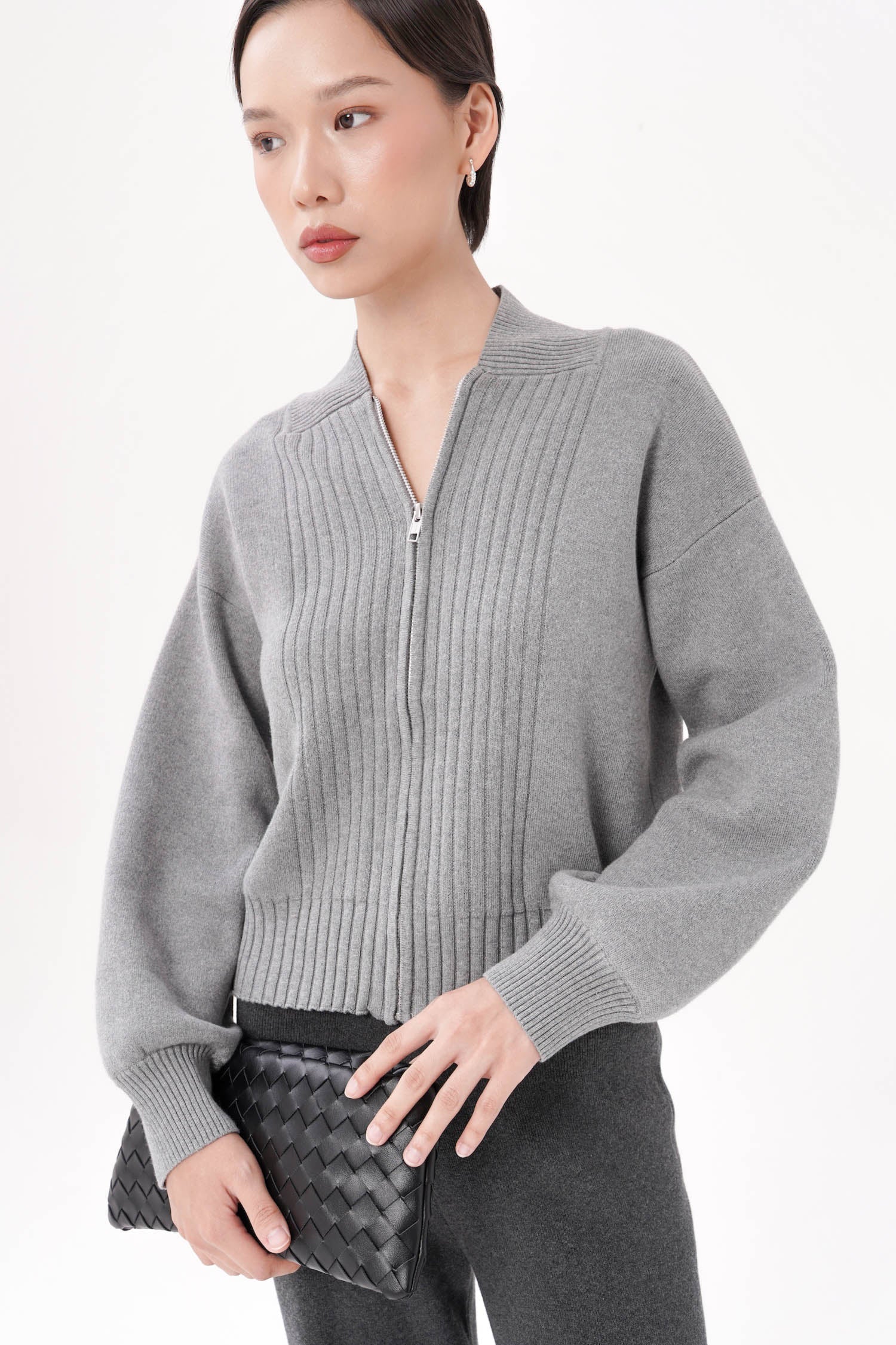 Cyon Puff-sleeve Cardi In Grey