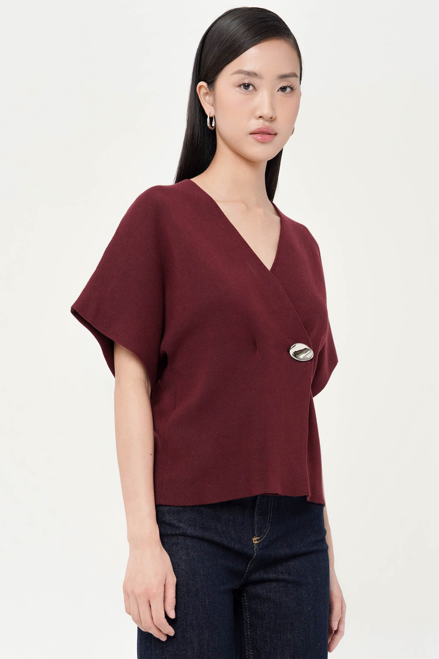 Palomo Wrap Knit Top In Maroon