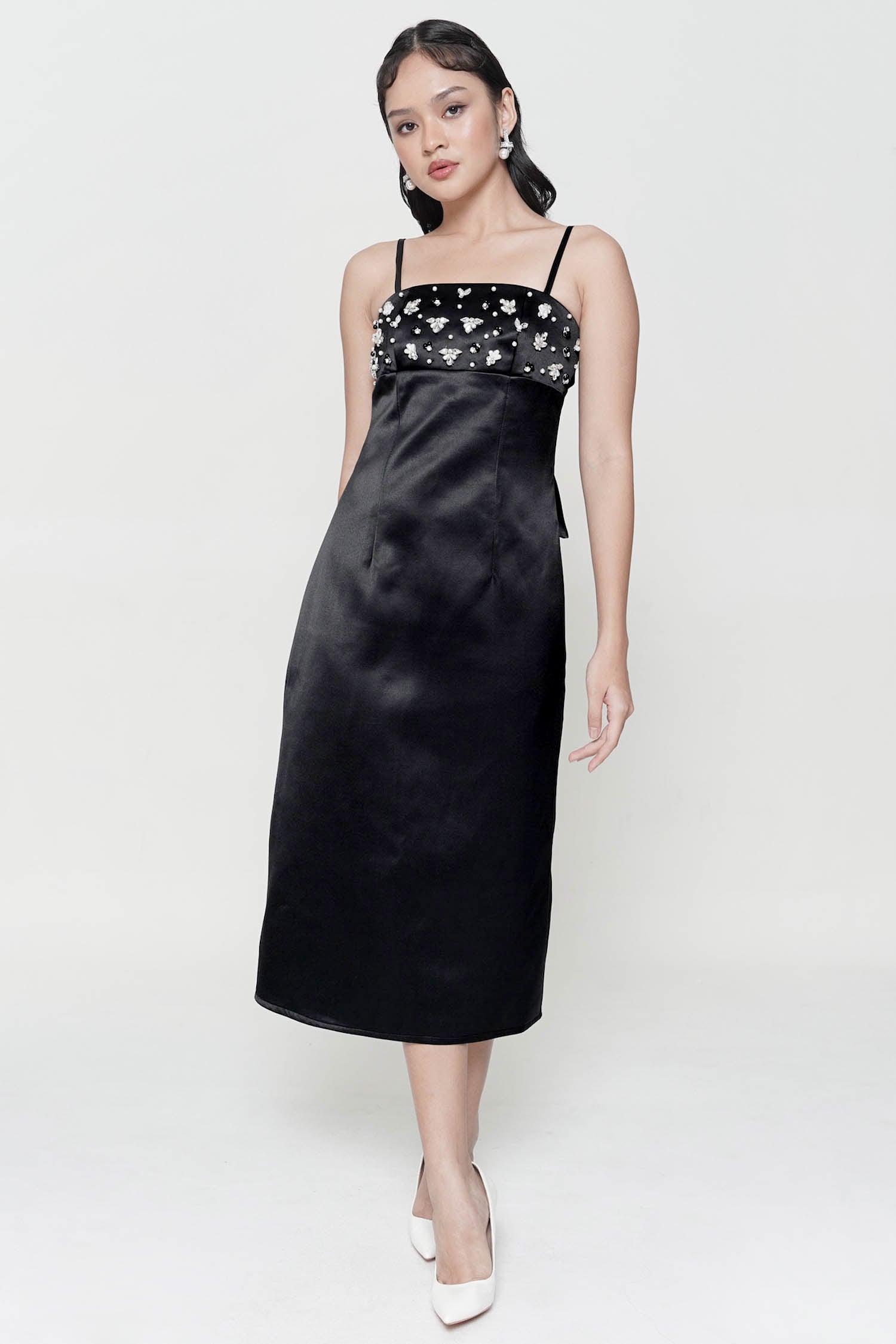 Majorca Embellished Satin Midi Dress In Black