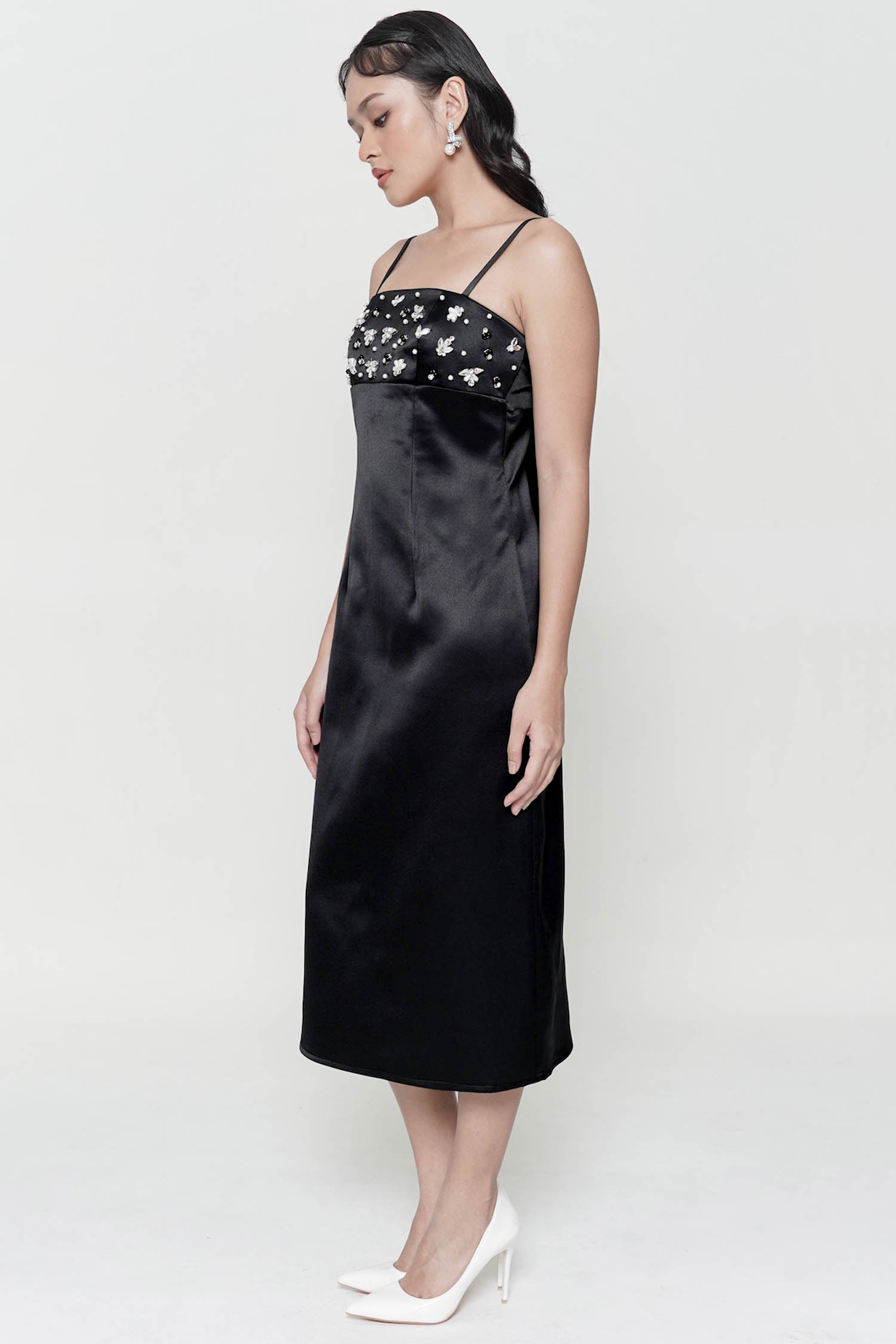 Majorca Embellished Satin Midi Dress In Black