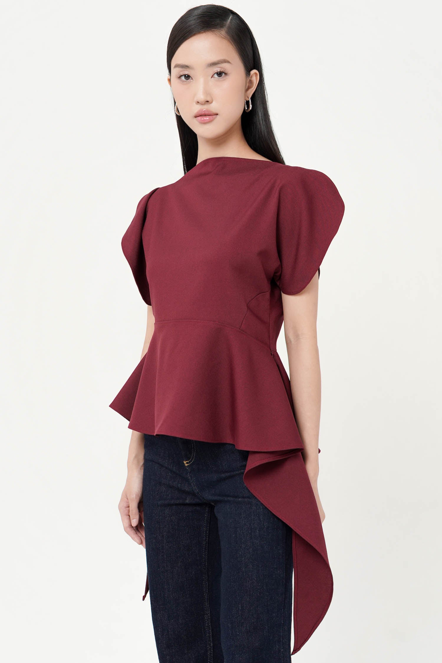 Faber Handkerchief Peplum Top In Burgundy