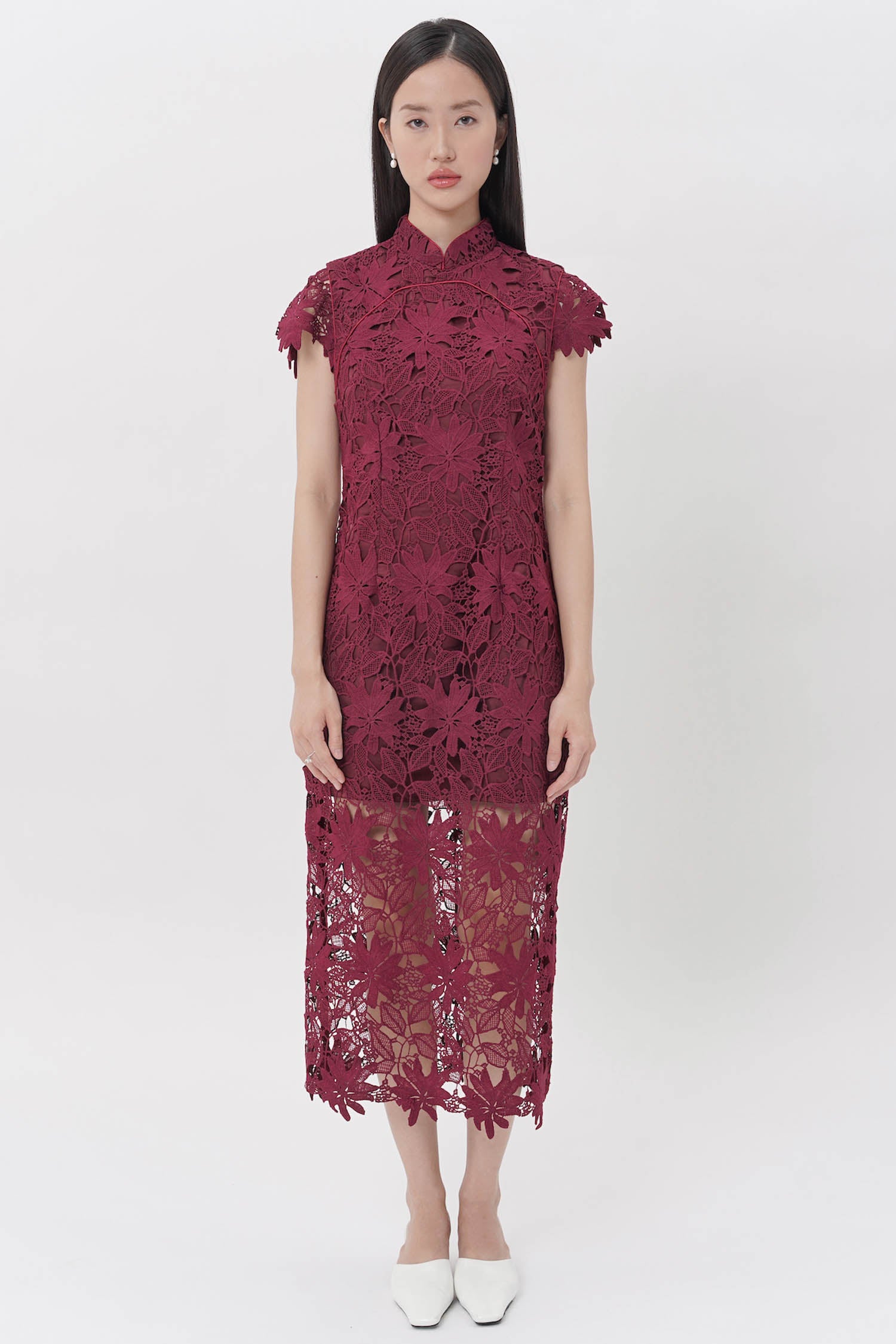 Nongli Cheongsam Midi Dress In Maroon (ONLINE EXCLUSIVE)