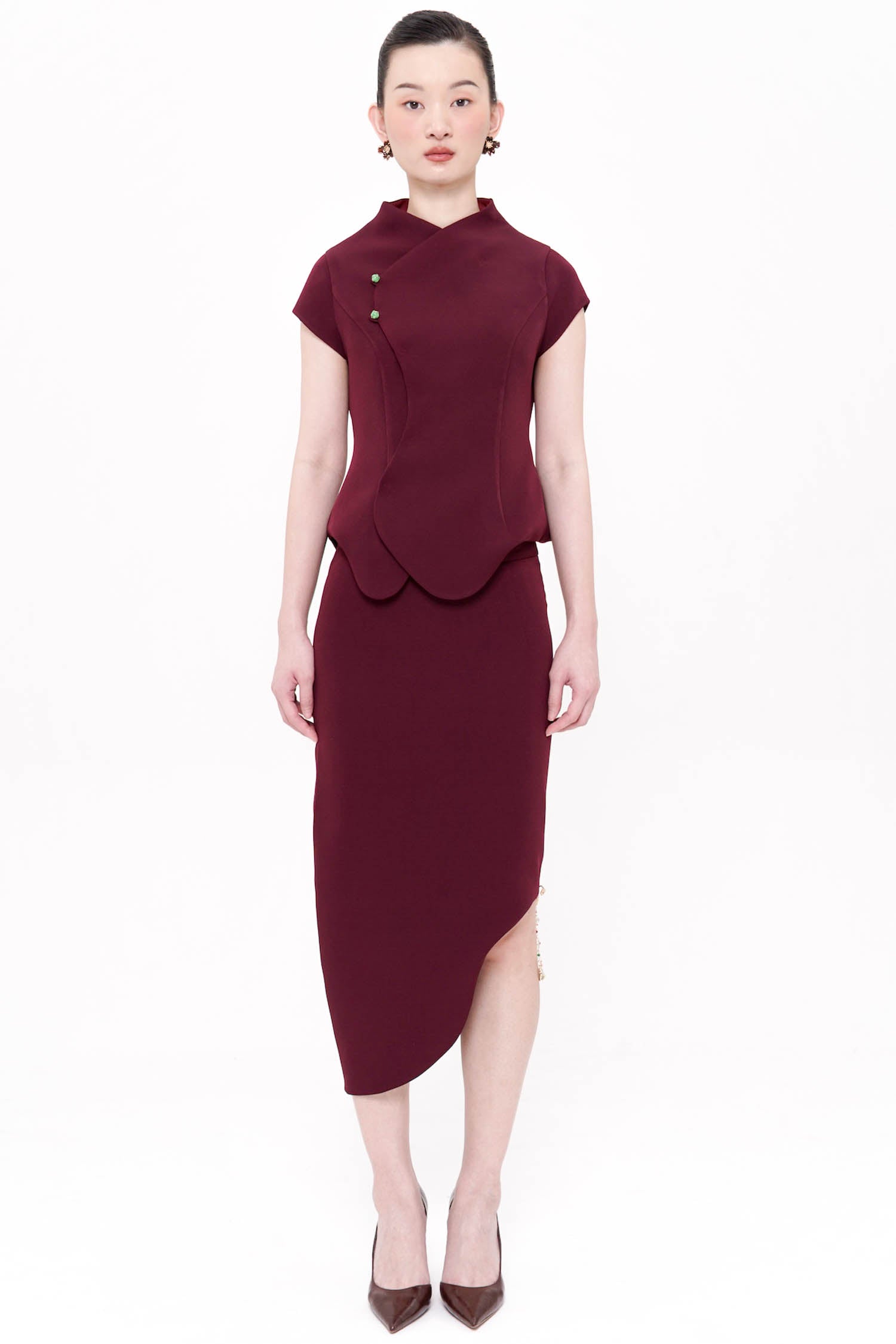 Ruyi Midi Scallop Skirt In Maroon