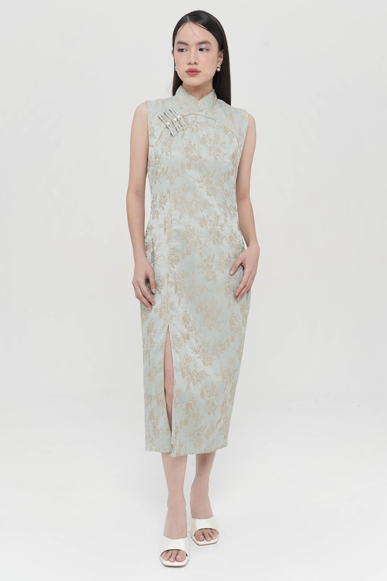 Suanni Cheongsam Midi Dress In Sage