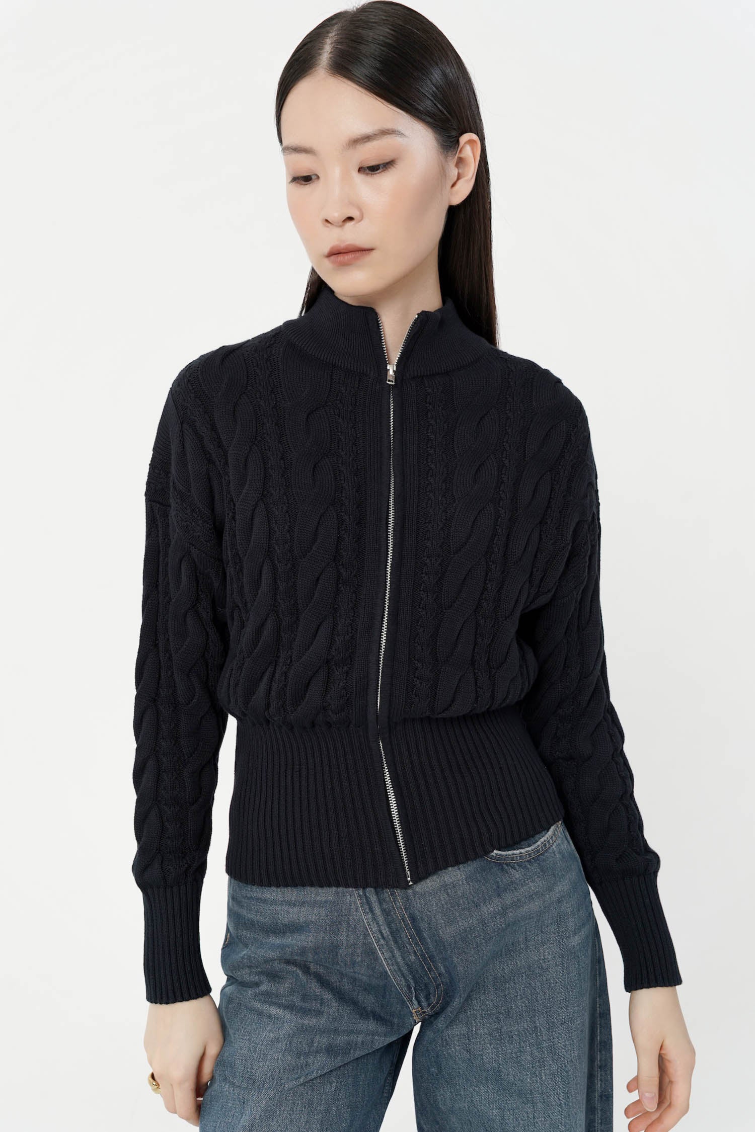 Oryx Cable Knit Cardigan In Navy