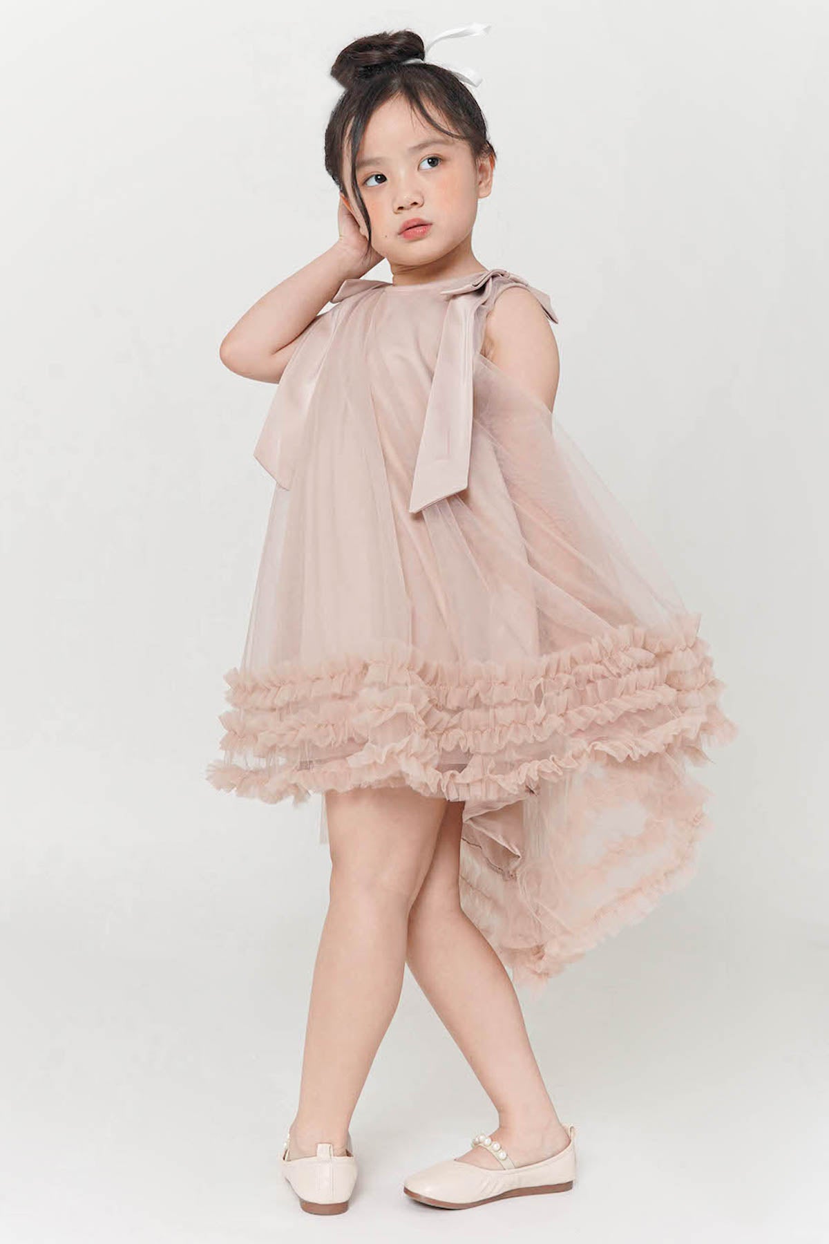 Lavender Ruffle Tulle Dress In Dusty pink