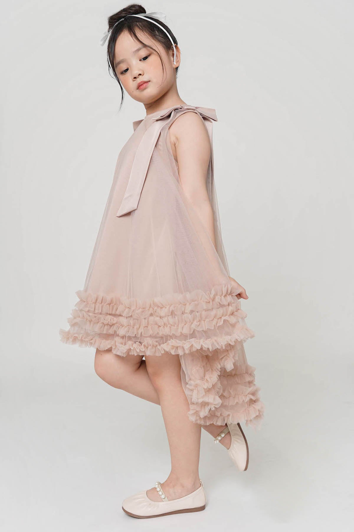 Lavender Ruffle Tulle Dress In Dusty pink