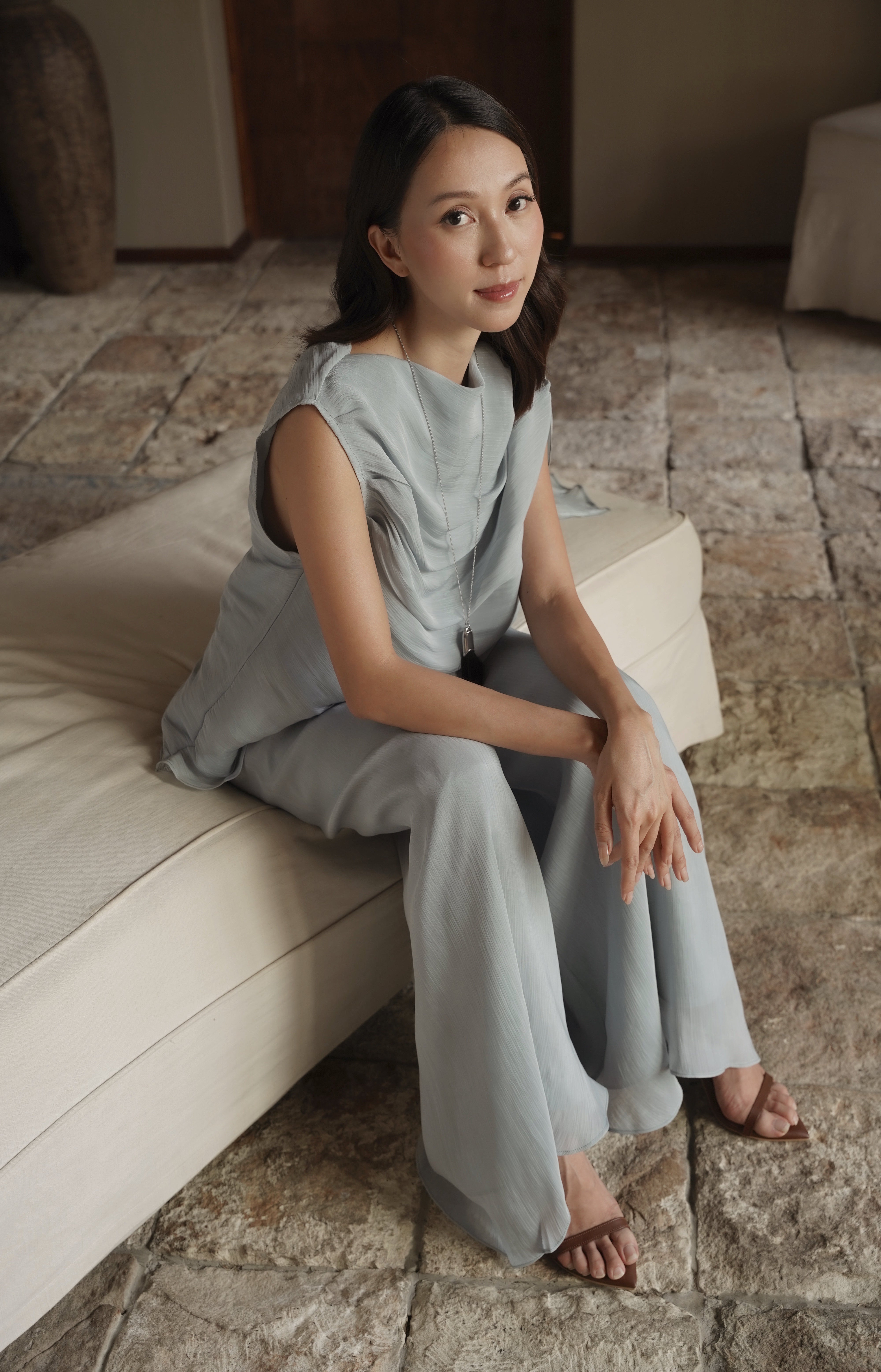 Cinnia Shawl Top In Dusty Blue