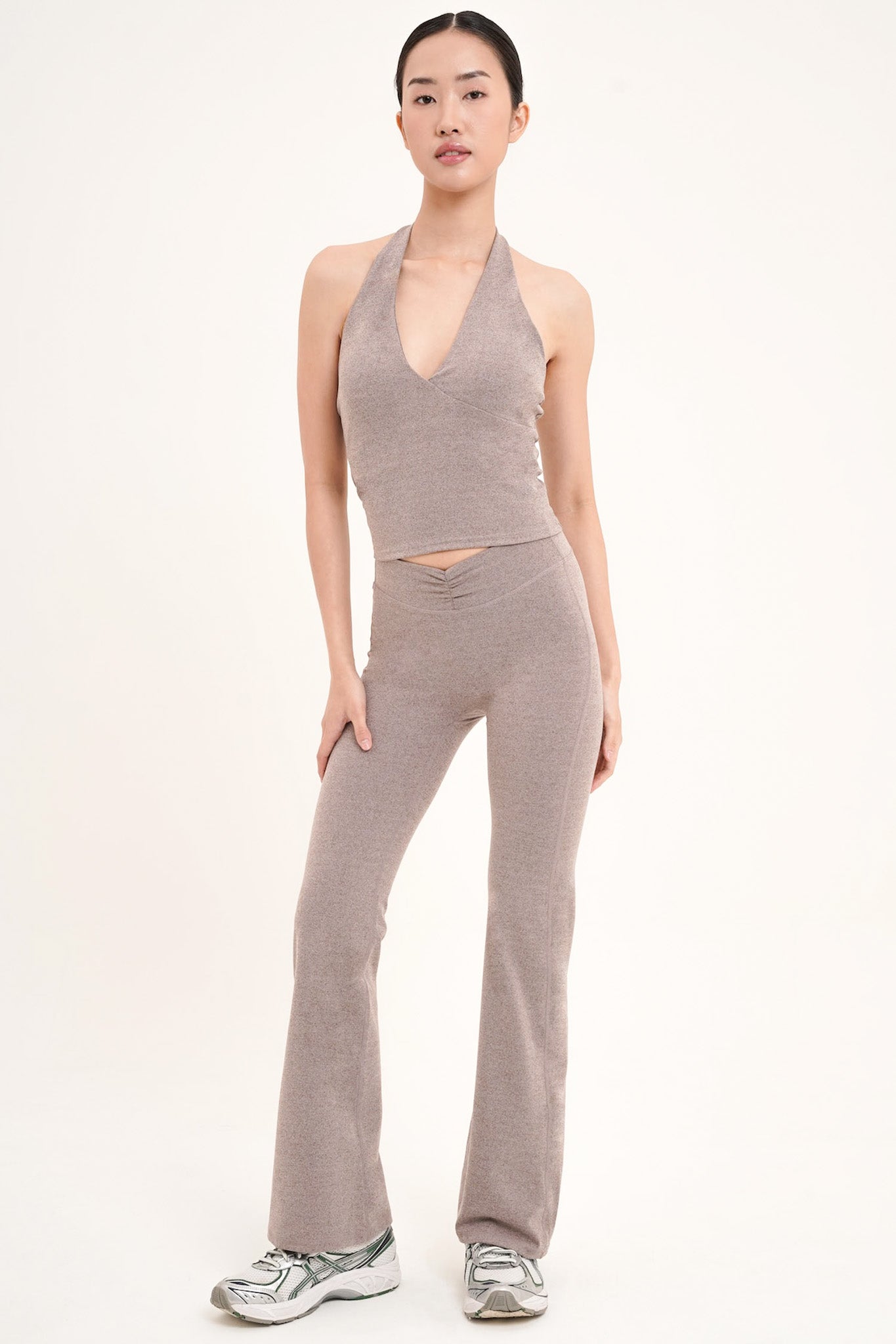 Ruched Flare Pants in Red Bean