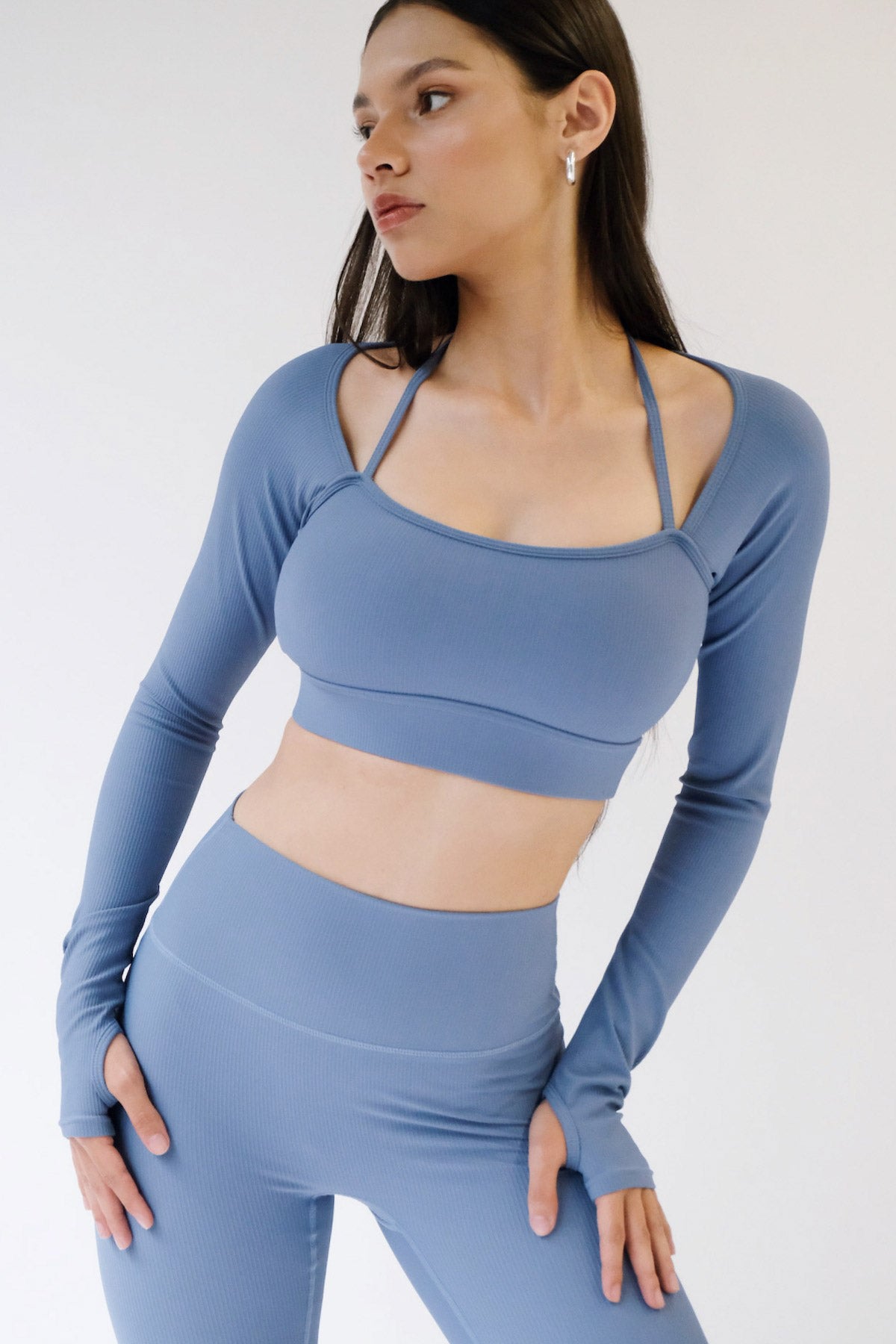 Flair Long Sleeve Crop Top in Blue (1L LEFT)