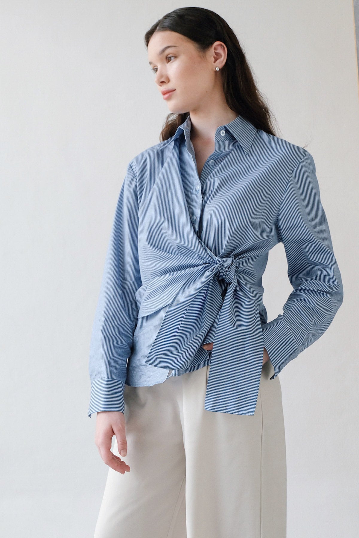 Zayah Wrapped Shirt in Blue Stripes (1ML LEFT)