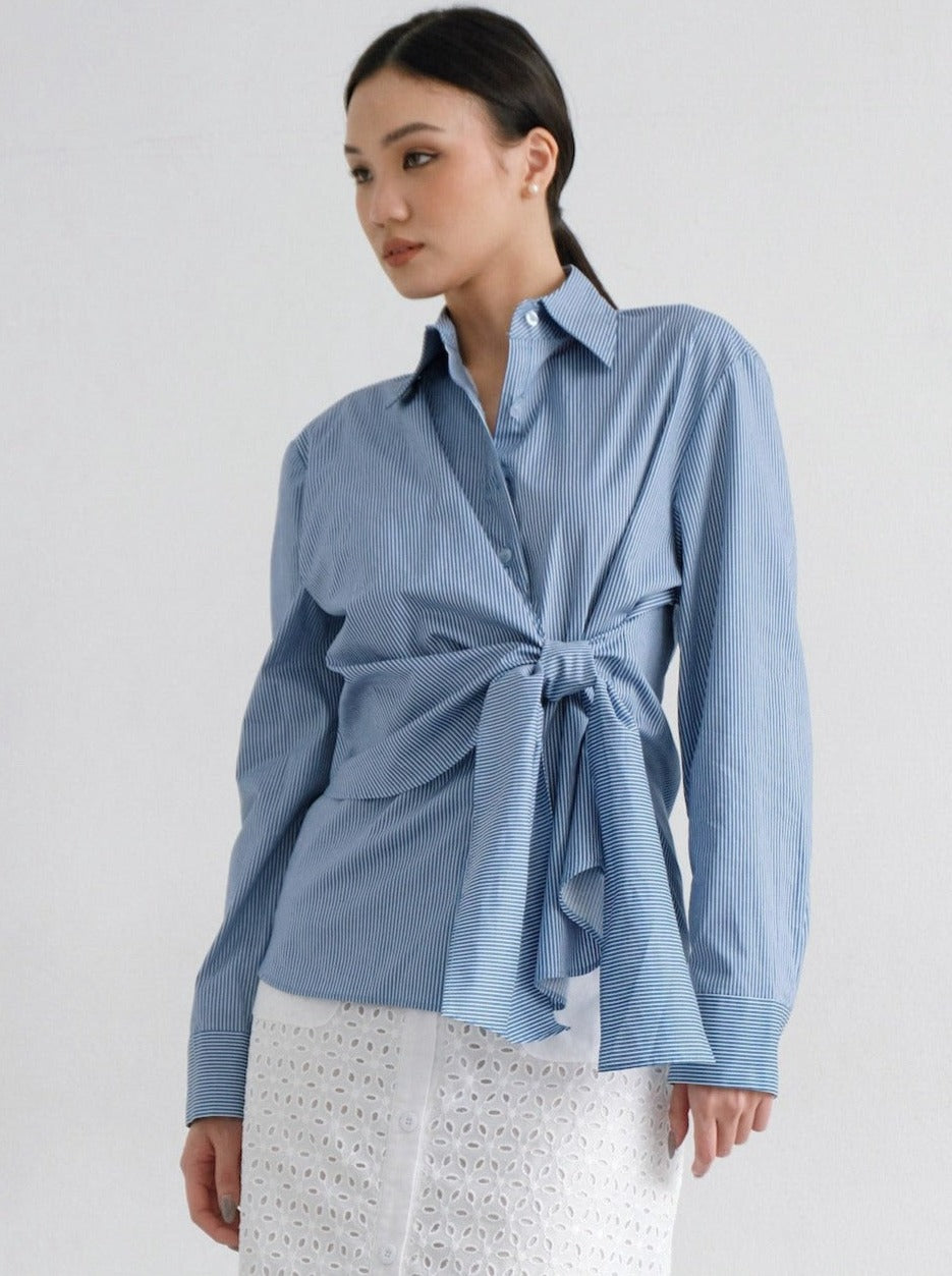 Zayah Wrapped Shirt in Blue Stripes (1ML LEFT)